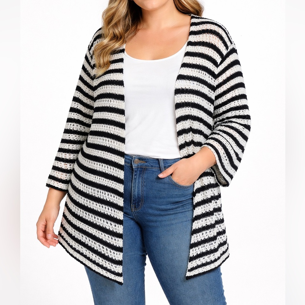 Avenue Womens Black White Striped Open Knit Cardigan Workwear Chic
